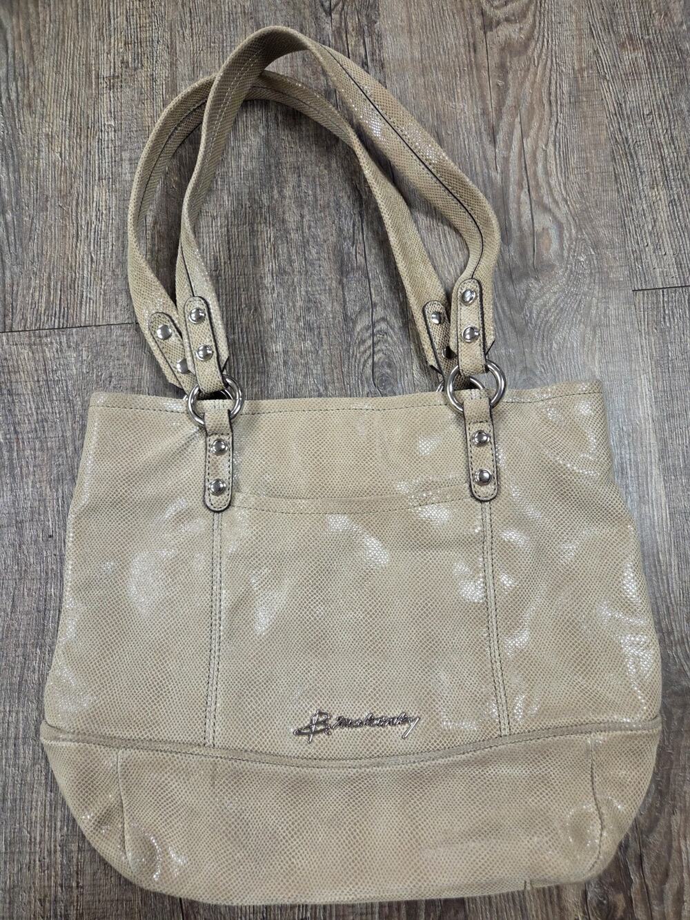 B. MAKOWSKI Tan Shimmer 100% Leather Logo Women Handbag Purse Tote Shoulder Bag